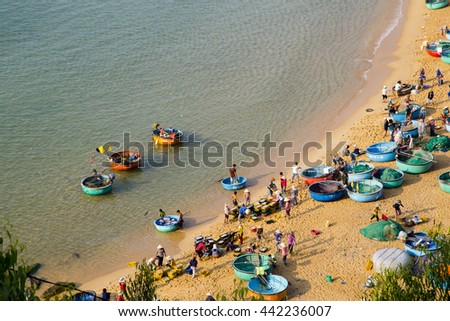 Quynhon, Vietnam - Apr 1,2016: Aerial view of Quy Nhon beach with curved shore line in Binh Dinh province, Vietnam.