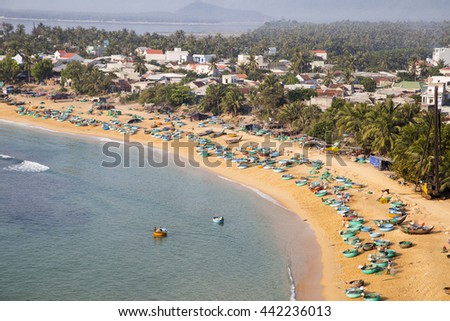 Quynhon, Vietnam - Apr 1,2016: Aerial view of Quy Nhon beach with curved shore line in Binh Dinh province, Vietnam.