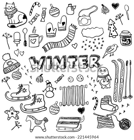 Winter doodles collection. Stylish design elements: ice skates, christmas tree, snowman, socks and others.