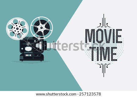 Cool retro movie projector vector detailed poster, leaflet or banner template with sample text | Analog device: cinema motion picture film projector with different film reels