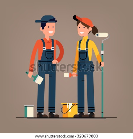 Couple of house painter vector flat characters with paint equipment | Young man and woman friendly smiling workers in workwear overalls standing isolated holding brushes and roller