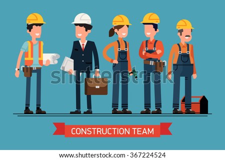 Cool vector concept layout on construction team characters line-up. Group of construction workers in hard hats friendly smiling. Civil engineer, architect and construction workers characters group