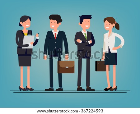 Cool flat design corporate business people line-up. Group of office workers standing smiling. Men and women in office wear full length, isolated
