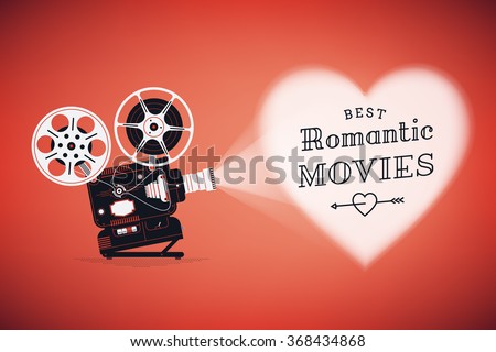 Best romantic movies concept illustration with retro movie film projector projecting heart on red background vector illustration