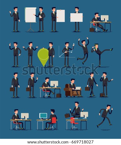 Vector infographics business spokesman character poses set featuring greeting with hand, shrugging, pointing finger, holding location pin, working in office, sitting in armchair, walking and more.