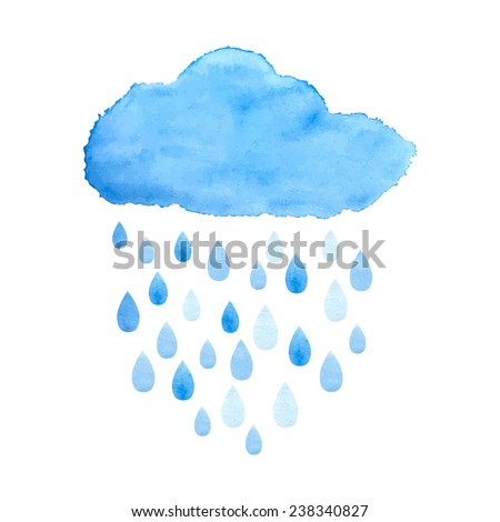 Rain (nimbus) cloud precipitation with rain drops. Watercolor illustration in vector.