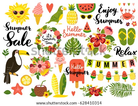 Summer set, hand drawn elements- calligraphy, flowers, tropical leaf, birds, wreaths, and other. Perfect for web, card, poster, cover, tag, invitation, sticker kit. Vector illustration