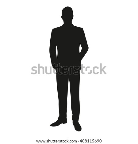 Vector silhouette of a man standing in a suit at the lecture. Businessman, teacher, lawyer, merchant, dealer manager, engineer, politician, presenter, actor