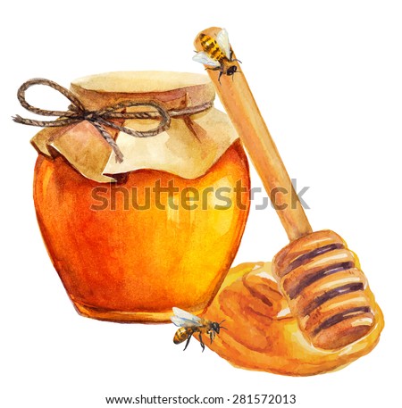 Watercolor Honey jar and honey stick over white, Vector