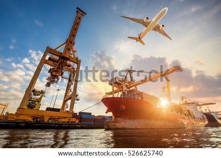 Logistics and transportation of Container Cargo ship and Cargo plane with working crane bridge in shipyard, logistic import export and transport industry background