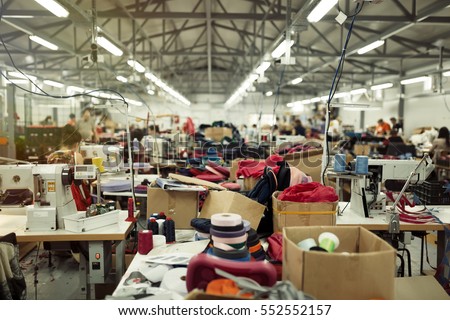 Industrial busy sewing workplace