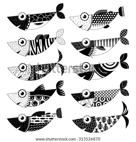 Set of 10 black and white decorated fishes. Sardines. Vector illustration