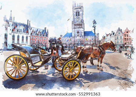 watercolor of Carriage in scenery historical town with tourist people around central of Bruges (Brugge), Belgium,digital painting effect.