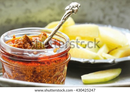 Homemade Mango Pickle in a Jar, selective focus