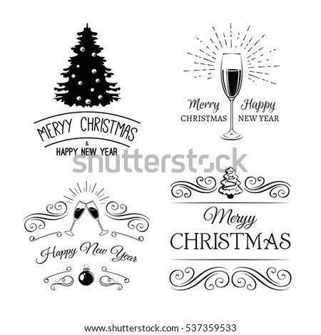 Vintage xmas. Merry Christmas and Happy New Year. Greeting Card Set. Glass Champagne. Xmas Tree. Clink Glasses. Element Vector Illustration Isolated On White Background