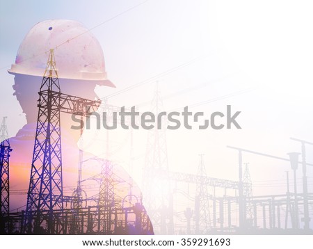 Double exposure man survey and civil engineer stand on ground working in a land building site over Blurred construction worker on construction site. examination, inspection, survey
