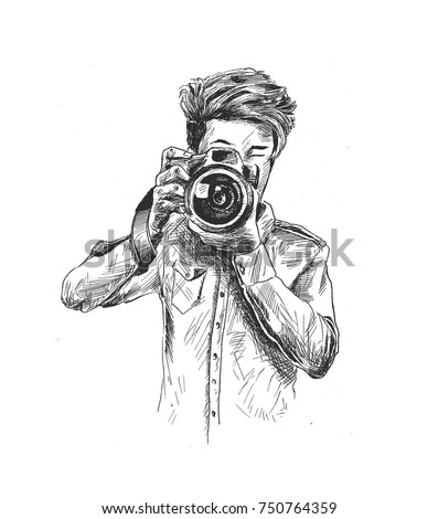 Illustration Male Photographer Camera Hand Drawn Stock Vector 750764359