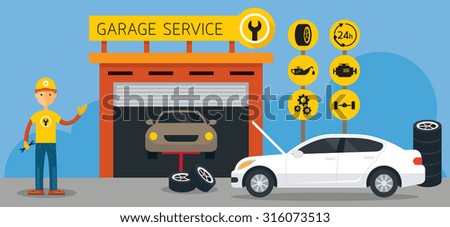 Car, Mechanic and Garage Service Icons and Illustration, Flat Design, Panorama, Automobile Maintenance