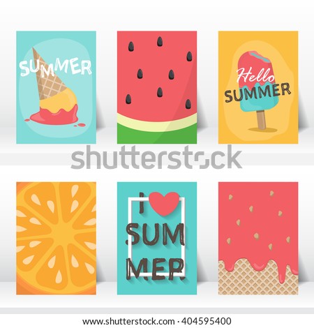 summer, holiday, vacation poster set. flat and hand draw design. can be use for greeting and invitation card. background , backdrop. vector illustration