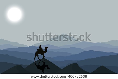 Caravan with camels in desert with dunes on background. Vector illustration