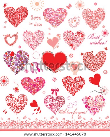 Set of cute red and pink hearts