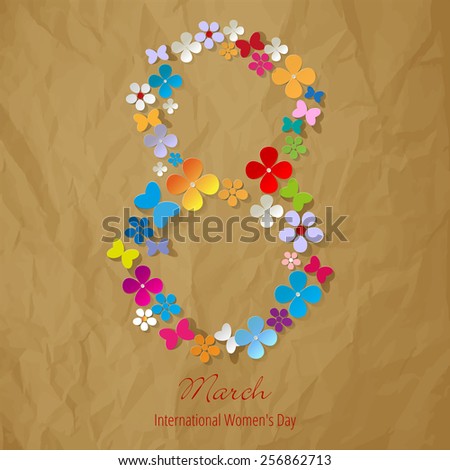 8 March international Women's Day Symbol color on crumpled paper brown background