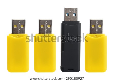 Yellow and black USB flash drives isolated on white background