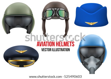 Set of Aviator Helmets and hats. Headgear for aviation professional workers. Vector Illustration Isolated on white background
