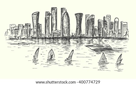 drawing qatar in pencil Drawn Doha Qatar Skylinehand Sketch