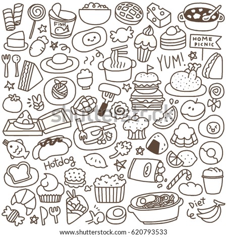 Set Cute Food Doodle Black White Stock Vector 620793533 - Shutterstock
