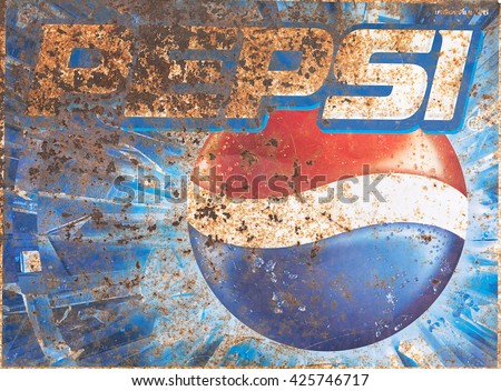 CHIANG RAI,THAILAND - MAY 12 : Old rust condition vintage wall of Pepsi logo. on MAY 12, 2014 in Chiang Rai Thailand.