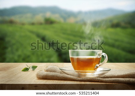 Tea cup with and tea leaf sacking on the wooden table and the tea plantations background