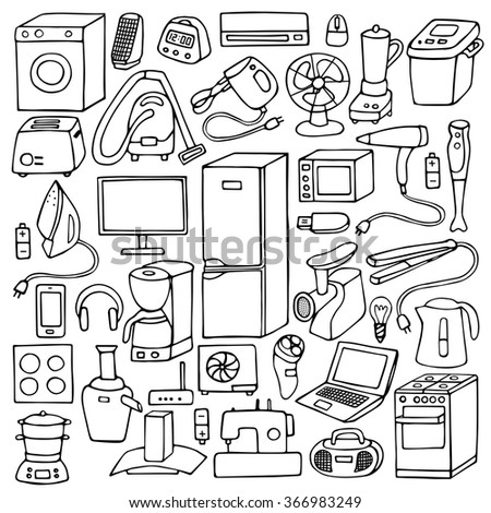 Household Appliances Hand Drawn Set Vector Stock Vector Shutterstock