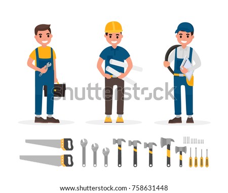 Handyman, plumber, foreman, engineer and builder elements collection with various people actions. Set of workers and hand tools in flat style