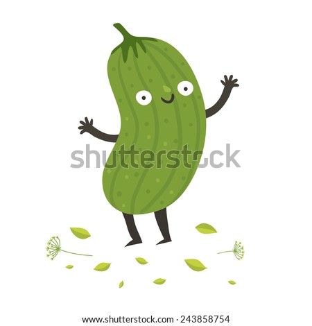 Cute funny cartoon cucumber. Smiling pickle character. Vector colorful illustration isolated on white in flat style