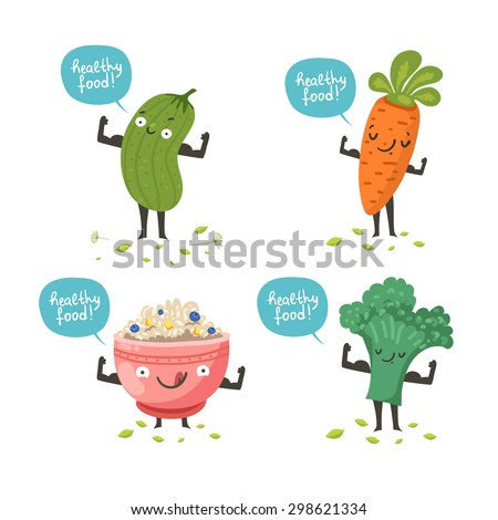 Cute vegetable characters posing like sportsmen and demonstrating their muscles. Funny card of healthy food: cucumber, carrot, broccoli, porridge bowl. Vector colorful illustration isolated on white
