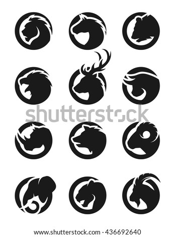 Set animal logos. Lion, horse, bear, eagle, deer, bull, rhinoceros, wolf, ram, elephant, panther, goat.