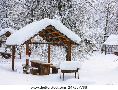 Snow-covered arbor in winter