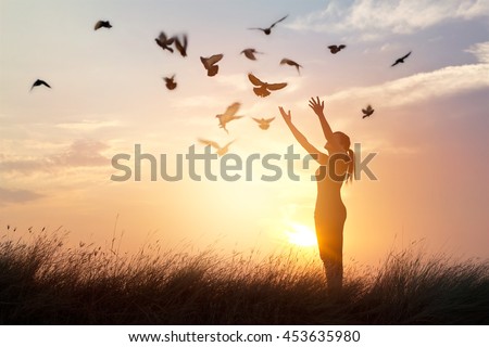 http://thumb1.shutterstock.com/display_pic_with_logo/2495788/453635980/stock-photo-woman-praying-and-free-bird-enjoying-nature-on-sunset-background-hope-concept-453635980.jpg