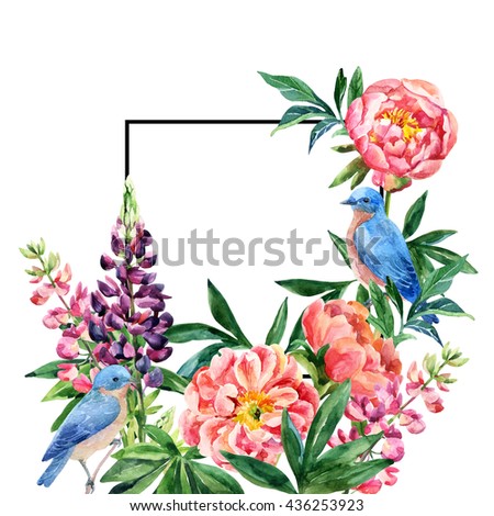 Watercolor garden flowers card. Lupin, peony flowers, bluebird couple with black square frame on white background. Hand painted illustration with paper texture