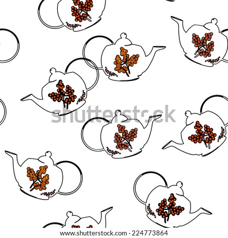Pattern with outline black clay tea pots - stock photo