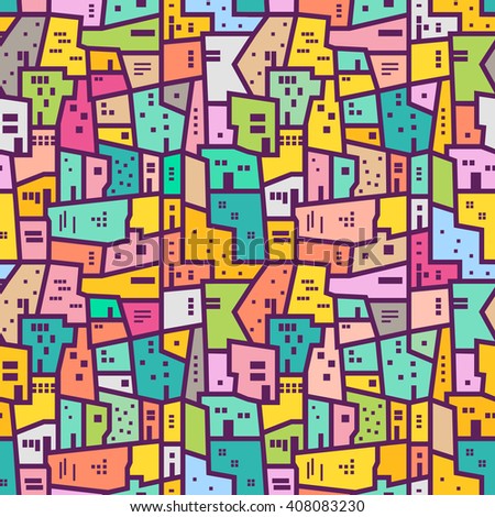 Colorful urban seamless pattern. Positive vector texture in flat style.