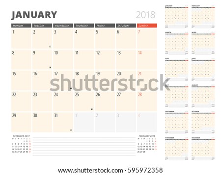 Calendar Planner for 2018 Year. Design Template. Week Starts on Monday. Set of 12 Months. Phases of the Moon