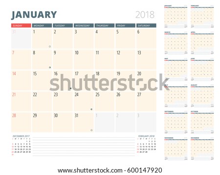 Calendar Planner for 2018 Year. Design Template. Week Starts on Sunday. 3 Months on the Page