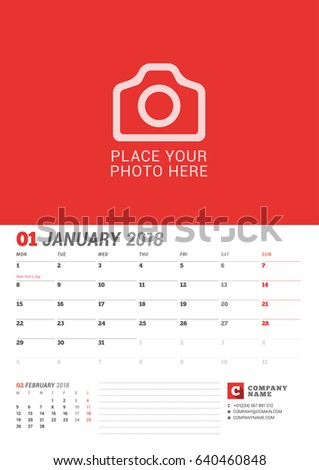 Wall Calendar Planner for 2018 Year. January. Vector Print Template with Place for Photo. Week Starts on Monday. 2 Months on Page