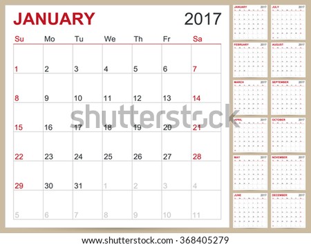 calendar 2017 english planning calendar template stock vector