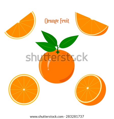 Orange fruit and slices isolated on white background.