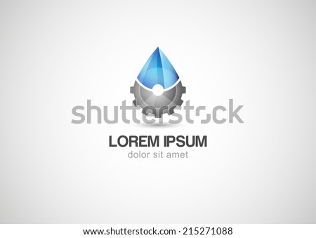 Illustration of blue water drop with silver gears cogs. Vector logo design template. Abstract concept for ecology theme, green eco energy, technology and industry.