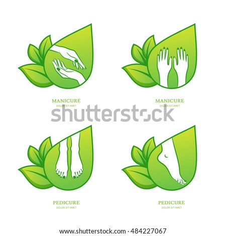 Vector set of womens manicure and pedicure logo, emblem, label design template. Female hands with green leaves. Concept for beauty salon, manicure and pedicure cosmetics, organic body care and spa.
