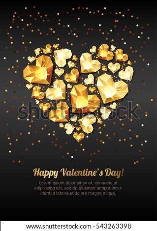 Happy Valentines day vector greeting card. Gold gem heart on black background. Golden holiday poster with diamonds, jewels. Concept for Valentines banner, flyer, party invitation, jewelry gift shop.